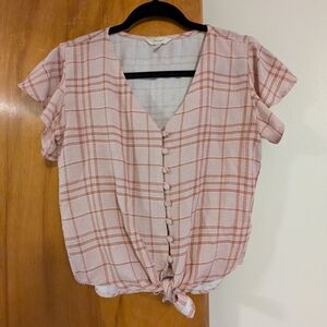 Sim & Sam V-Neck Plaid Tie-Front Blouse